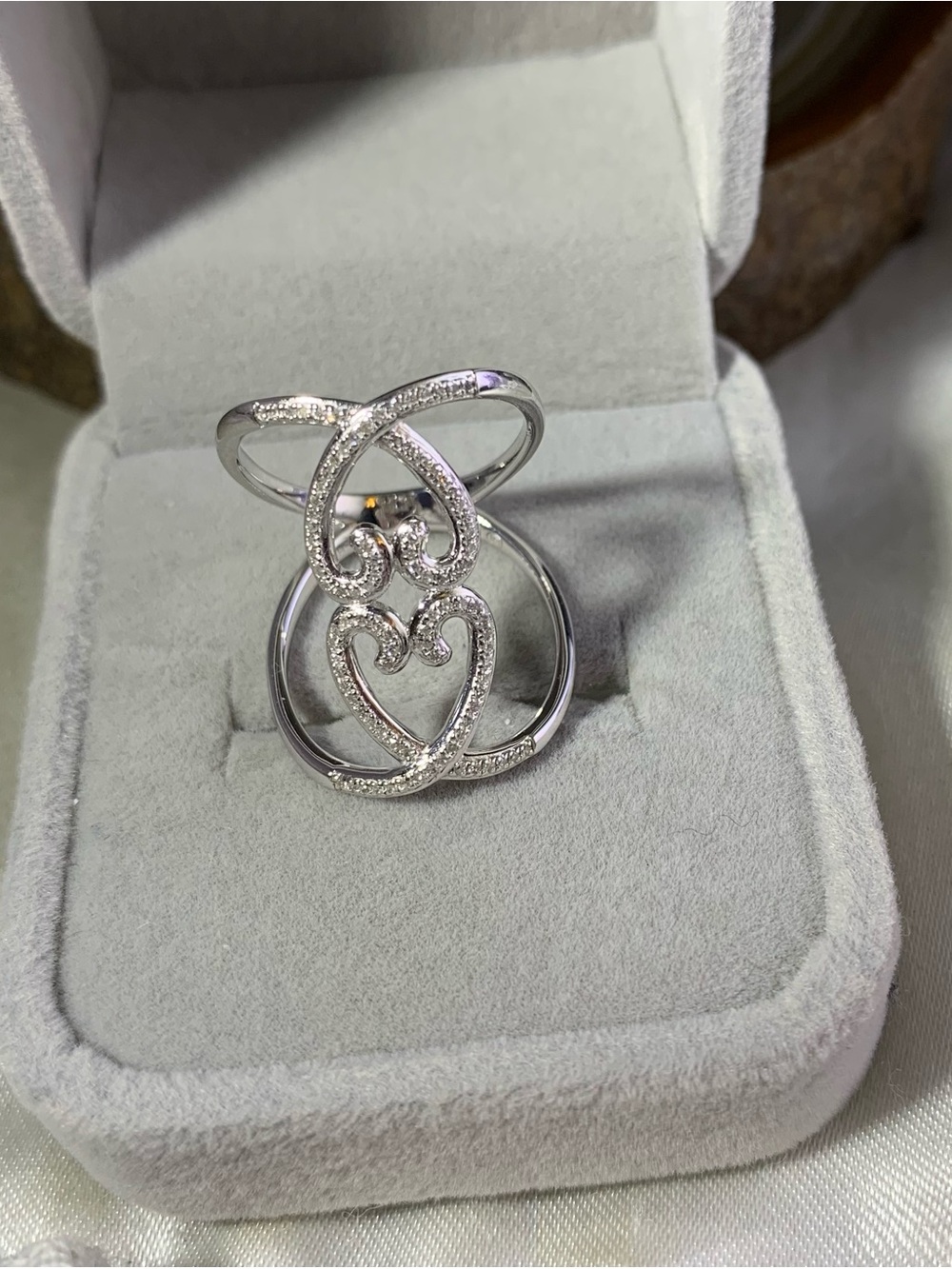 Sterling Silver Double Heart Pavรฉ Ring - Elegant Women's Ring